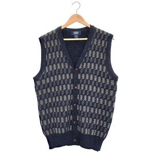 Hemingway Point Wool Blend Cardigan Vest XL Blue Tan Geometric Knit V-Neck Retro